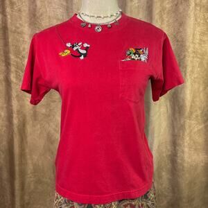 Vintage Looney Tunes Baby Tee 90s Embroidered Pocket Red Short Sleeve Cartoon